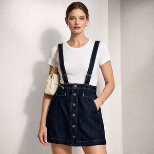 DIESEL Denim Suspender Skirt Button Front Dark Wash Pinafore Mini Jean Skirt